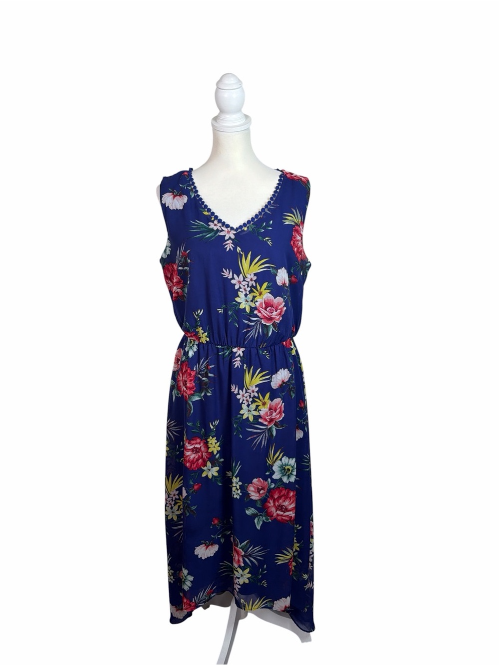 Apt. 9 Large Blue Floral Maxi Dress Sleeveless V Neck Pom Trim Boho